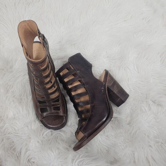 Bed Stu Occam Wedge Caged Sandals Sz 8 Teak Rustic Leather Peep Heels - Picture 2 of 10